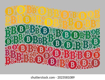 Bandera de bitcoin mosaico ondeando la bandera de Lituania construida con iconos de bitcoin. Bandera de Lituania con vientos vectores construida para carteles de moneda cripto.