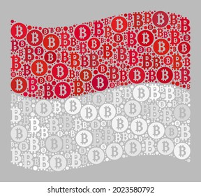 Mosaik bitcoin schwingende Monaco Fahne aus Bitcoin-Gegenständen. Vektormosaik schwingende Monaco-Fahne für Finanzprojekte. Die Monaco-Fahnenkollage wird mit zufälligen Bitmünzen gebildet.