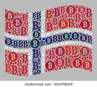 Mosaic bitcoin waving Norway flag constructed of bitcoin icons. Vector mosaic waving Norway flag constructed for BTC advertisement. Norway flag collage is shaped with scattered BTC icons.