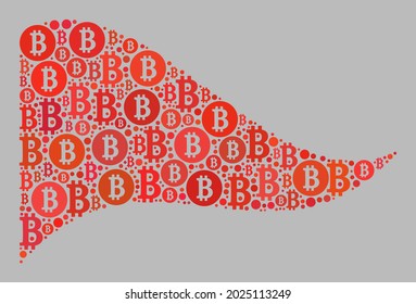 Mosaic bitcoin waving red triangle flag created of bitcoin elements. Vector collage waving red triangle flag designed for crypto-currency wallpapers.