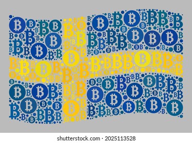 Mosaic bitcoin waving Sweden flag designed of bitcoin items. Vector mosaic windy Sweden flag done for finance posters. Sweden flag collage is designed of scattered bit-coin particles.