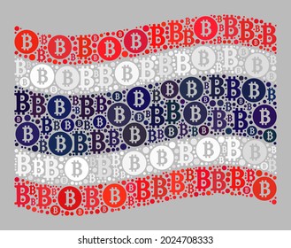 Mosaic bitcoin waving Thailand flag designed with bitcoin items. Vector collage windy Thailand flag designed for peer-to-peer advertisement.