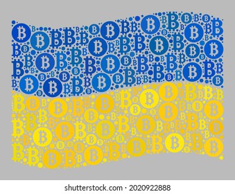 Mosaic bitcoin waving Ukraine flag designed of bitcoin items. Vector collage waving Ukraine flag combined for commerce applications. Ukraine flag collage is created of random BTC elements.