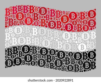 Mosaic bitcoin waving Yemen flag designed with bitcoin items. Vector collage waving Yemen flag created for crypto-currency applications. Yemen flag collage is constructed with random BTC items.