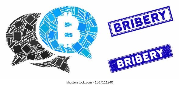 Mosaic Bitcoin webinar icon and rectangle rubber prints. Flat vector Bitcoin webinar mosaic icon of scattered rotated rectangle items. Blue caption rubber seals with rubber textures.