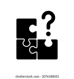 Mosaic black glyph icon. Search for missing piece. Challenge for logic. Maze jigsaw, clues for riddle. Part of quest. Escape room. Silhouette symbol on white space. Vector isolated illustration