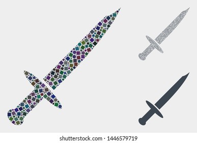 Mosaic Blade knife icon constructed from spheric and square elements in different sizes, positions and proportions.