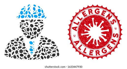 Mosaic blind engineer icon and red rounded rubber stamp watermark with Allergens caption and coronavirus symbol. Mosaic vector is formed with blind engineer pictogram and with scattered oval spots.