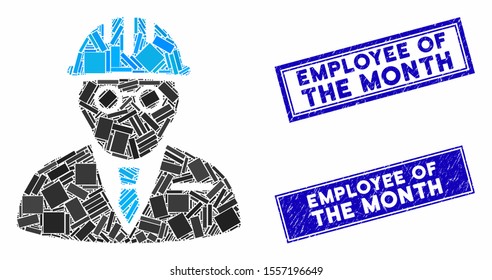 Mosaic blind engineer pictogram and rectangular rubber prints. Flat vector blind engineer mosaic pictogram of random rotated rectangular elements. Blue caption rubber stamps with scratched texture.