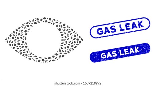 Mosaic blind eye and rubber stamp watermarks with Gas Leak phrase. Mosaic vector blind eye is created with randomized elliptic items. Gas Leak stamp seals use blue color,