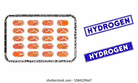 Mosaic blister icon and rectangle Hydrogen seal stamps. Flat vector blister mosaic icon of scattered rotated rectangular elements. Blue Hydrogen seal stamps with scratched surface.