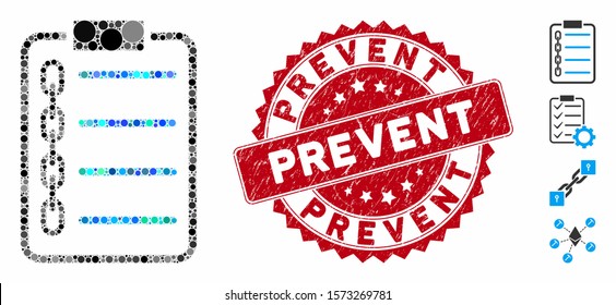 Mosaic blockchain contract icon and rubber stamp seal with Prevent text. Mosaic vector is formed with blockchain contract pictogram and with randomized spheric elements.