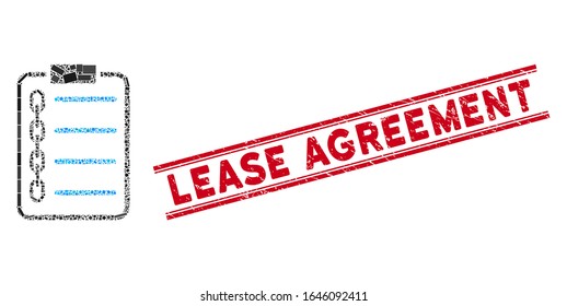 Mosaic blockchain contract pictogram and red Lease Agreement seal stamp between double parallel lines. Flat vector blockchain contract mosaic pictogram of randomized rotated rectangular items.