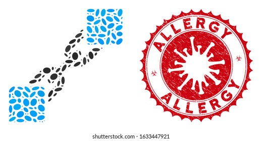 Mosaic blockchain icon and red round rubber stamp watermark with Allergy caption and coronavirus symbol. Mosaic vector is composed with blockchain pictogram and with scattered ellipse elements.