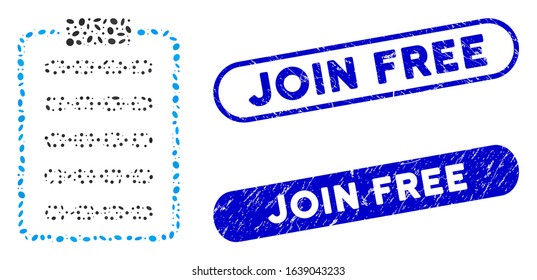 Mosaic blockchain list page and distressed stamp seals with Join Free text. Mosaic vector blockchain list page is designed with scattered oval dots. Join Free stamp seals use blue color,