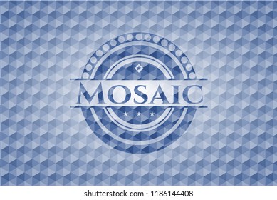 Mosaic blue badge with geometric pattern.