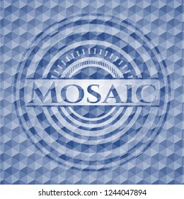Mosaic blue badge with geometric pattern.
