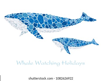 Mosaic blue whales with text space, vector illustration.