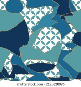 Mosaic of blue and white shapes and abstract patterns joined with gold veins. Seamless repeat vector pattern. Japanese Kintsugi style. Great for fashion, textiles, giftwrap, wallpaper.