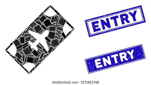 Mosaic boarding pass icon and rectangular Entry stamps. Flat vector boarding pass mosaic icon of randomized rotated rectangular elements. Blue Entry stamps with corroded texture.