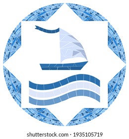 Mosaic Boat in round frame. Vector illustration for swimming pool or bathroom design. Image for emblem. Isolated on white background