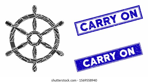 Mosaic boat steering wheel pictogram and rectangular seals. Flat vector boat steering wheel mosaic pictogram of scattered rotated rectangular elements. Blue caption seals with distress texture.