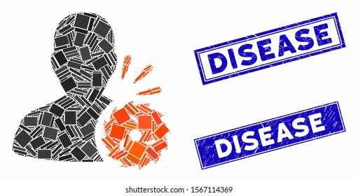 Mosaic body execution pictogram and rectangular stamps. Flat vector body execution mosaic pictogram of scattered rotated rectangular elements. Blue caption stamps with dirty textures.