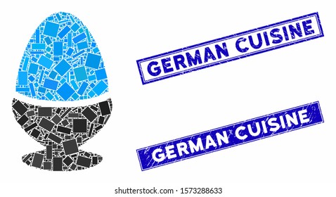 Mosaic boiled egg icon and rectangle German Cuisine seals. Flat vector boiled egg mosaic icon of random rotated rectangle items. Blue German Cuisine seals with distress surface.