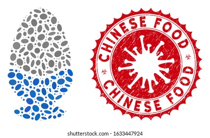 Mosaic boiled egg icon and red rounded rubber stamp watermark with Chinese Food caption and coronavirus symbol. Mosaic vector is created from boiled egg icon and with random elliptic items.