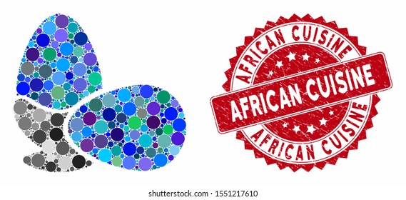 Mosaic boiled eggs and corroded stamp seal with African Cuisine caption. Mosaic vector is created from boiled eggs icon and with randomized circle spots. African Cuisine stamp seal uses red color,