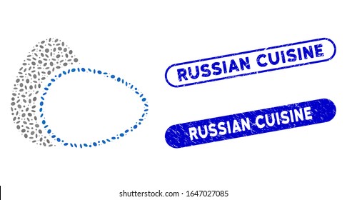 Mosaic boiled eggs and corroded stamp seals with Russian Cuisine phrase. Mosaic vector boiled eggs is formed with random ellipse spots. Russian Cuisine stamp seals use blue color,