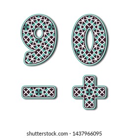 Mosaic bold numbers and symbols. Vector ornamental set