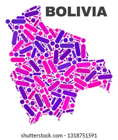Mosaic Bolivia map isolated on a white background. Vector geographic abstraction in pink and violet colors. Mosaic of Bolivia map combined of scattered circle dots and lines.