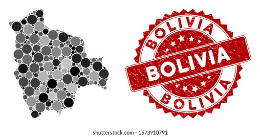 Mosaic Bolivia map and round seal stamp. Flat vector Bolivia map mosaic of randomized circle items. Red seal stamp with grunged surface. Designed for political and patriotic doctrines.