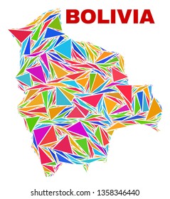 Mosaic Bolivia map of triangles in bright colors isolated on a white background. Triangular collage in shape of Bolivia map. Abstract design for patriotic purposes.