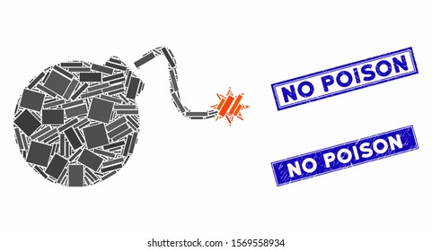 Mosaic bomb pictogram and rectangle seals. Flat vector bomb mosaic pictogram of randomized rotated rectangle elements. Blue caption seals with rubber textures.