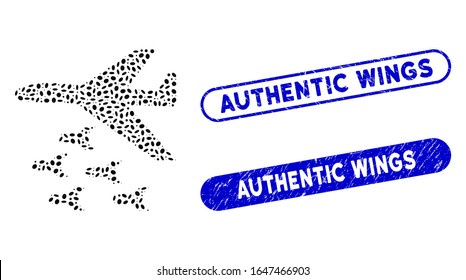 Mosaic bomber bombs and rubber stamp seals with Authentic Wings caption. Mosaic vector bomber bombs is formed with scattered oval spots. 