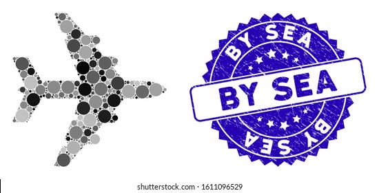 Mosaic bomber icon and rubber stamp watermark with By Sea caption. Mosaic vector is designed with bomber icon and with randomized spheric items. By Sea stamp uses blue color, and scratched texture.