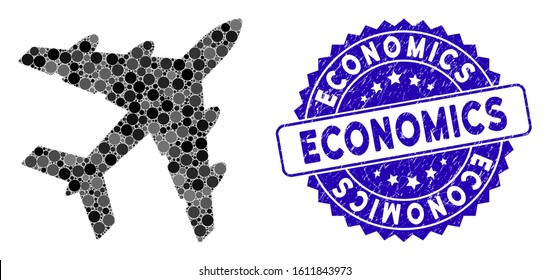 Mosaic bomber icon and rubber stamp seal with Economics caption. Mosaic vector is formed with bomber pictogram and with randomized round spots. Economics stamp seal uses blue color,