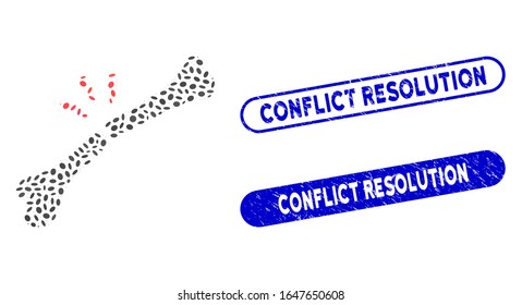 Rompimiento óseo mosaico y marcas de agua de sellos con angustia con texto de resolución de conflictos. La rotura ósea del vector mosaico se forma con elementos de elipse aleatorizados. Los sellos de sellos de resolución de conflictos utilizan color azul,
