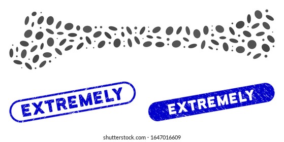 Mosaic bone and distressed stamp watermarks with Extremely phrase. Mosaic vector bone is composed with random ellipse pieces. Extremely stamp seals use blue color, and have round rectangle shape.
