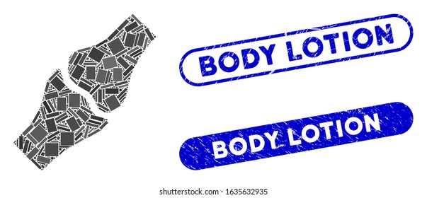 Mosaic bone joint and grunge stamp seals with Body Lotion phrase. Mosaic vector bone joint is created with randomized rectangles. Body Lotion stamp seals use blue color,