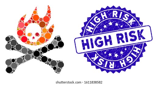 Mosaic bones fire icon and rubber stamp seal with High Risk caption. Mosaic vector is composed with bones fire icon and with randomized round spots. High Risk stamp seal uses blue color,