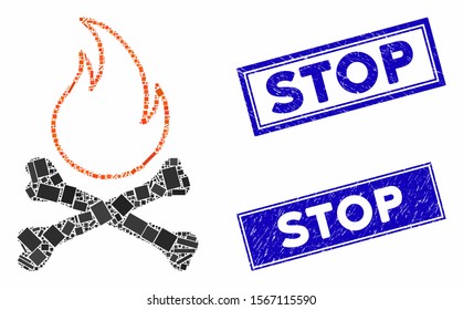 Mosaic bones hell fire pictogram and rectangle rubber prints. Flat vector bones hell fire mosaic pictogram of scattered rotated rectangle items. Blue caption stamp imprints with distress texture.