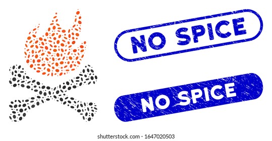 Mosaic bones hell fire and rubber stamp seals with No Spice phrase. Mosaic vector bones hell fire is formed with random oval parts. No Spice stamp seals use blue color, and have round rectangle shape.