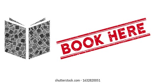 Mosaic book pictogram and red Book Here rubber print between double parallel lines. Flat vector book mosaic pictogram of randomized rotated rectangular items.