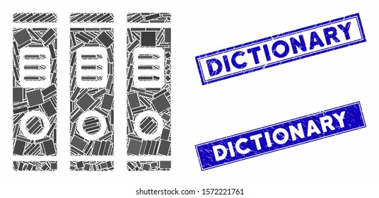 Mosaic books icon and rectangle Dictionary seal stamps. Flat vector books mosaic icon of scattered rotated rectangular items. Blue Dictionary seal stamps with grunge texture.