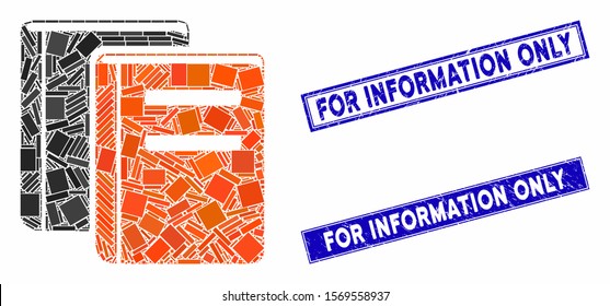 Mosaic books pictogram and rectangle seals. Flat vector books mosaic pictogram of randomized rotated rectangle elements. Blue caption seals with grunge textures.