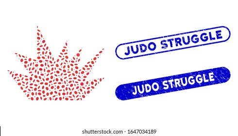 Mosaic boom explosion and corroded stamp seals with Judo Struggle text. Mosaic vector boom explosion is created with randomized ellipse items. Judo Struggle stamp seals use blue color,
