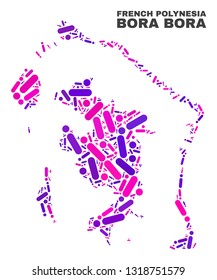 Mosaic Bora-Bora map isolated on a white background. Vector geographic abstraction in pink and violet colors. Mosaic of Bora-Bora map combined of scattered circle points and lines.